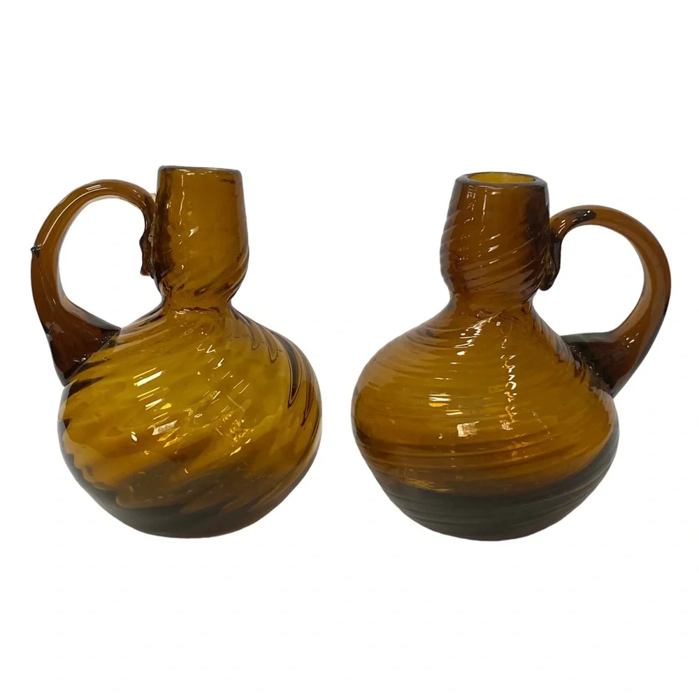 Set of 2 Vintage Root Beer Amber Swirled Glass Vase w/ applied handle